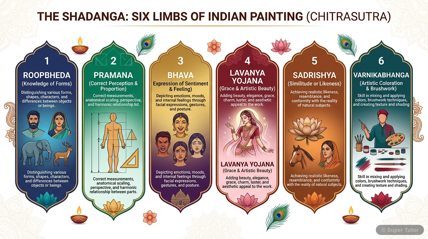 Canons of Indian Painting (Chitrasutra) An infographic explaining the six limbs (Shadanga) of Indian painting as described in the Chitrasutra of Vishnudharmottara Purana: Roopbheda, Pramana, Bhava, Lavanya Yojana, Sadrishya, and Varnikabhan