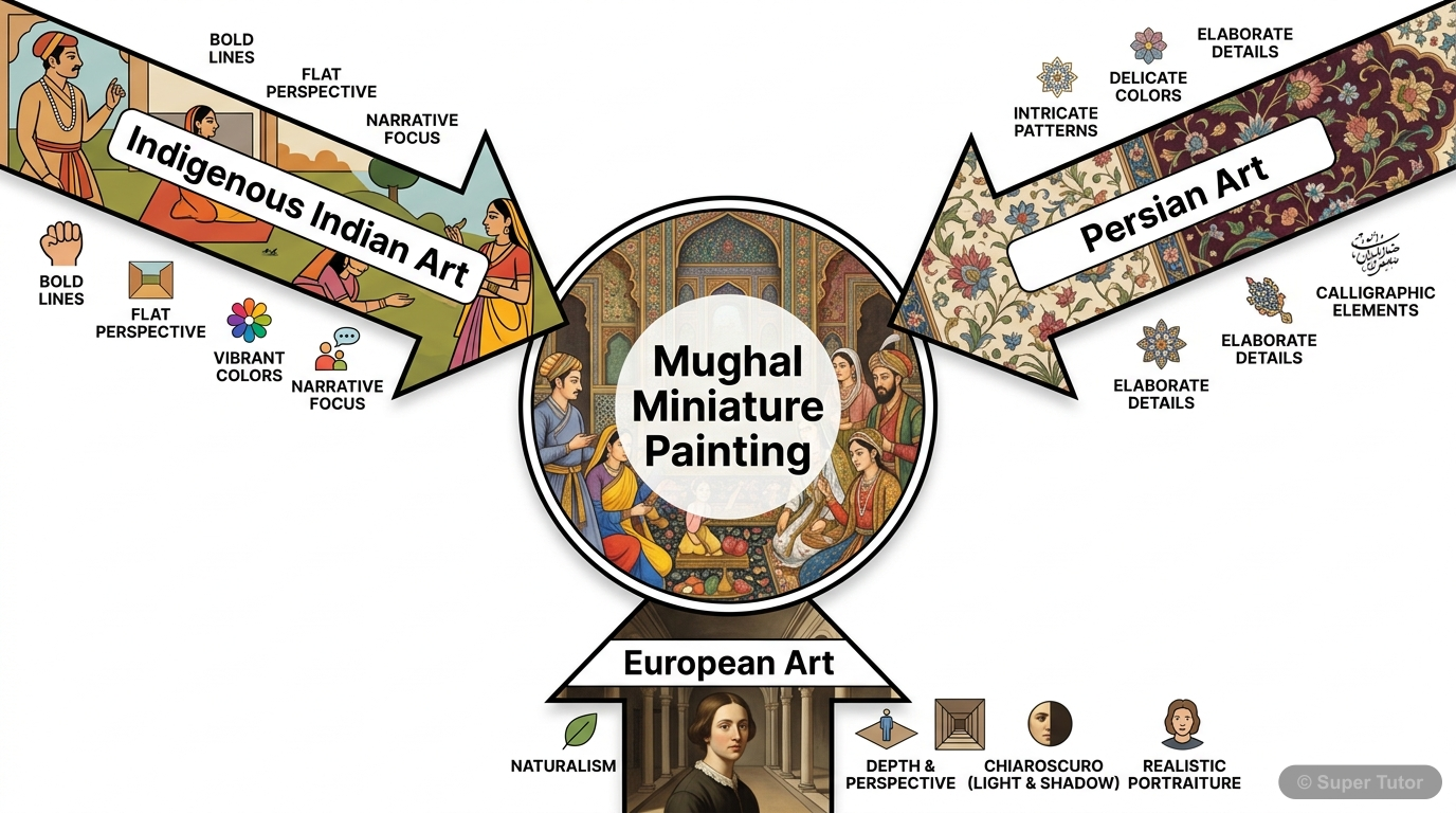 Influences on Mughal Painting An infographic illustrating the synthesis of indigenous Indian, Persian, and European styles and themes that shaped Mughal miniature painting.