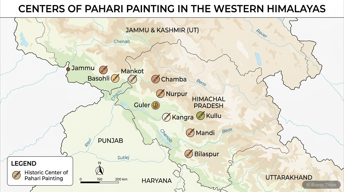 Map of Pahari Painting Centers A geographical map highlighting the locations of various Pahari painting centers in the Western Himalayas, including Basohli, Guler, Kangra, Kullu, Chamba, Mankot, Nurpur, Mandi, Bilaspur, and Jammu.