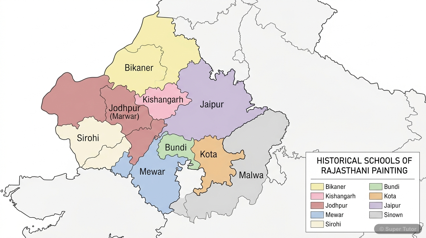 Map of Rajasthani Painting Schools A geographical map showing the locations of various Rajasthani painting schools mentioned in the chapter, such as Mewar, Bundi, Kota, Jaipur, Bikaner, Kishangarh, Jodhpur (Marwar), Malwa, and Sirohi,