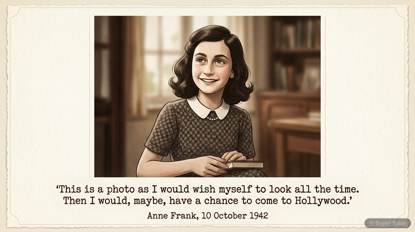 Anne Frank's Self-Perception and Quote An illustration of Anne Frank as she wished to look, accompanied by her quote about Hollywood, setting the tone for her personal aspirations despite her circumstances.