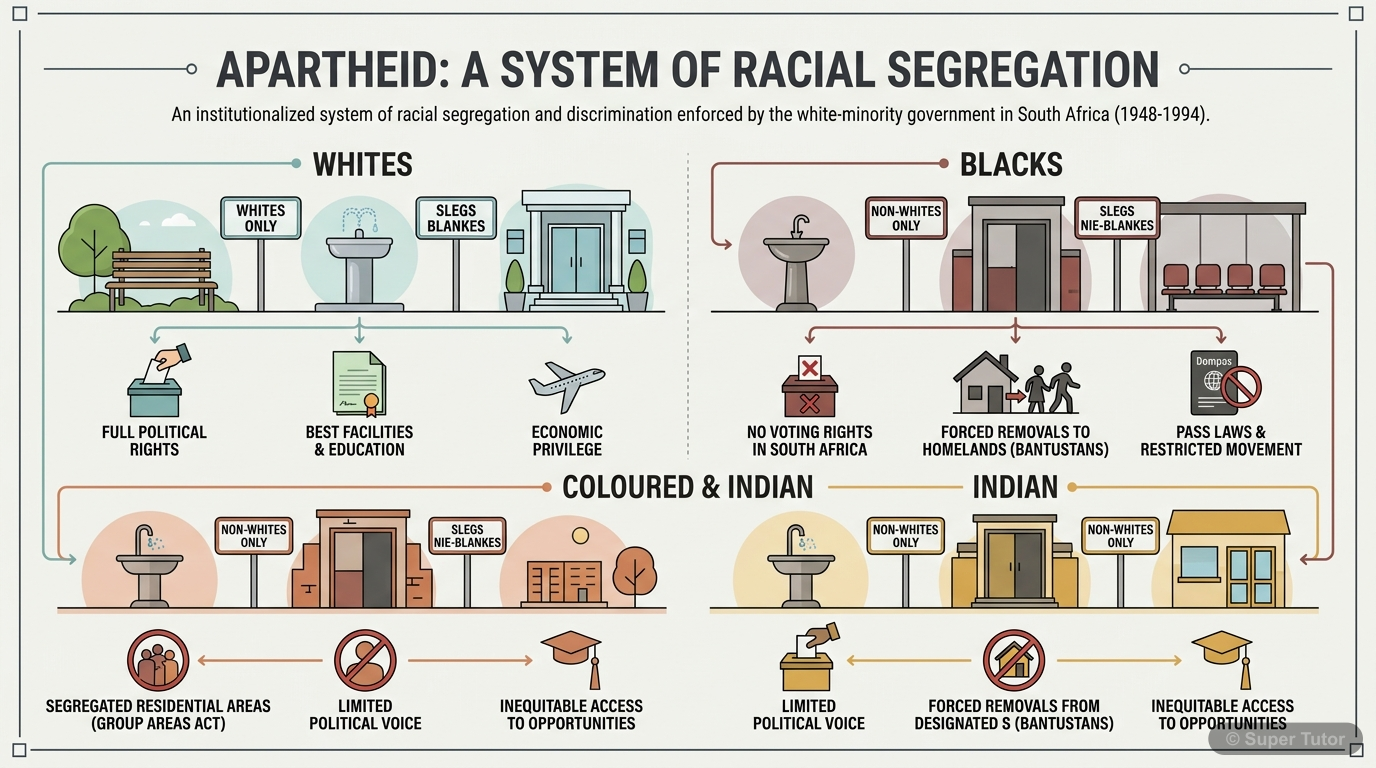 Apartheid System Explained An infographic explaining the Apartheid system in South Africa, showing racial segregation and discrimination (e.g., separate facilities, laws, and social hierarchy).