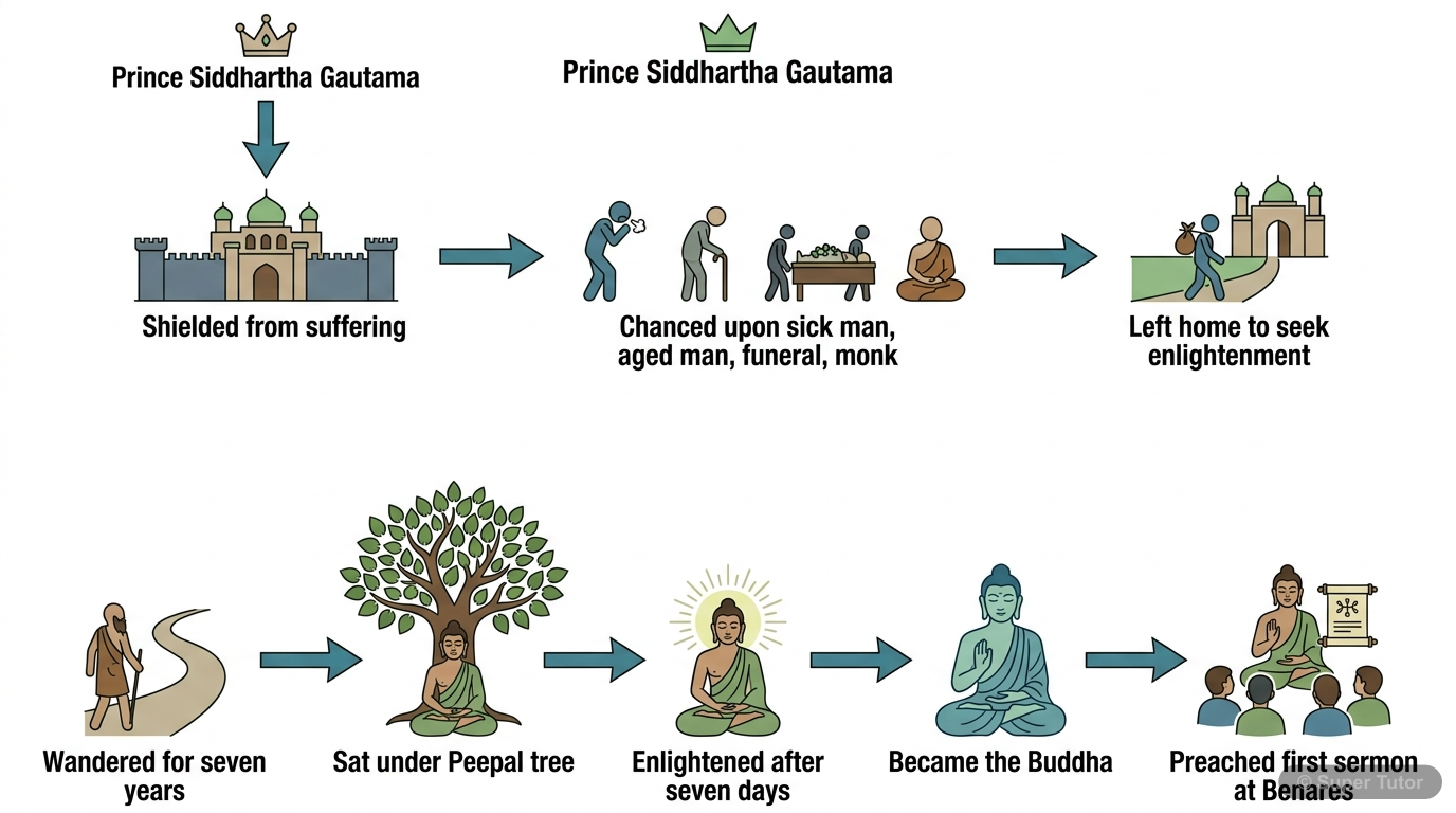 A flowchart illustrating the key stages of Siddhartha Gautama's life, from prince to Buddha, highlighting the events that led to his enlightenment and first sermon.