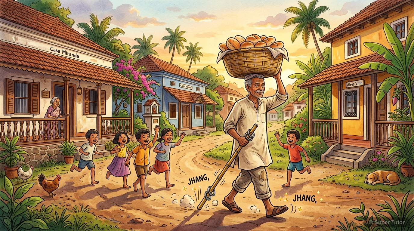 Traditional Goan Baker's Arrival An illustration depicting a traditional Goan baker from the past, carrying a large basket of bread on his head, banging a bamboo staff on the ground, and children running to greet him. The scene shoul