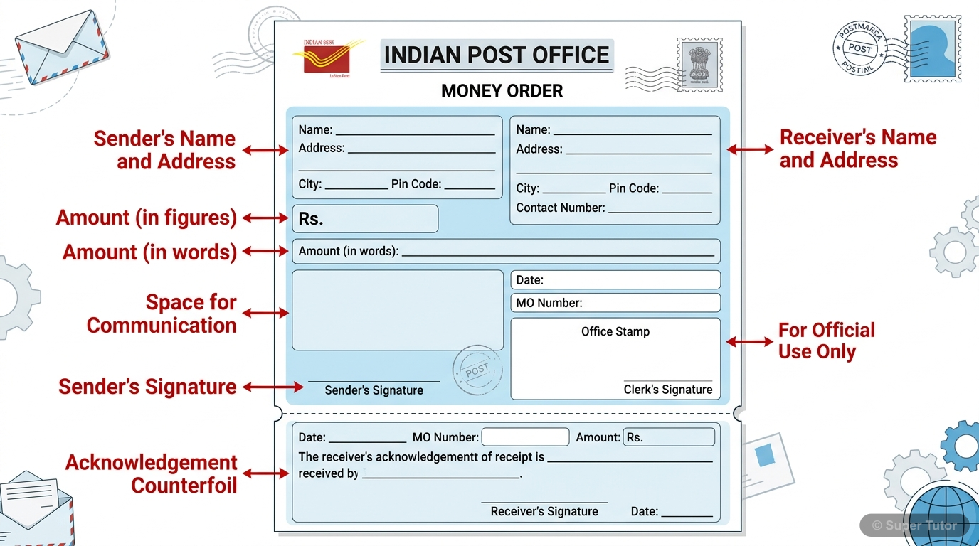 A labeled diagram of a typical Indian Post Office Money Order form, highlighting its different sections such as the sender's details, receiver's details, amount, space for communication, official use,