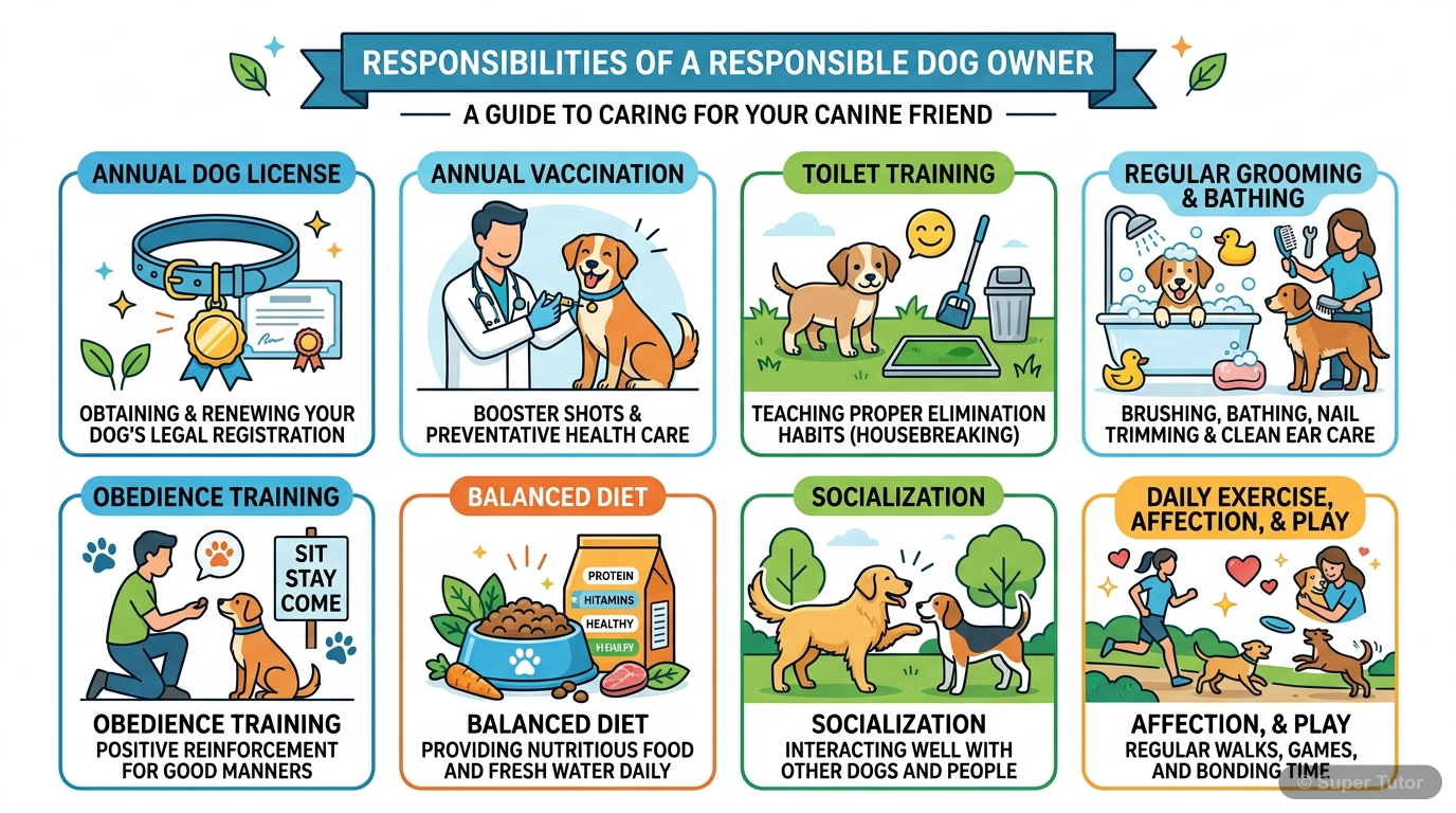 An infographic detailing the key responsibilities of owning a pet, including annual licensing, vaccinations, training, grooming, diet, socialization, exercise, and affection.