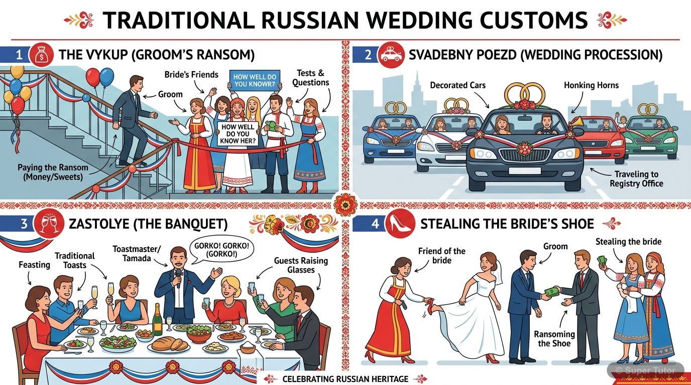An infographic illustrating various traditional customs and rituals observed during a Russian wedding, such as the groom's 'fight' to get the bride, city tours, toasts, and the 'stealing' of the bride