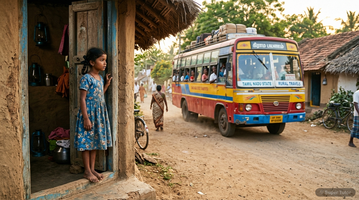 An illustration of Valli, an eight-year-old girl, standing in the front doorway of her house, watching a bus pass by on the street. The bus is filled with passengers, and Valli looks on with curiosity