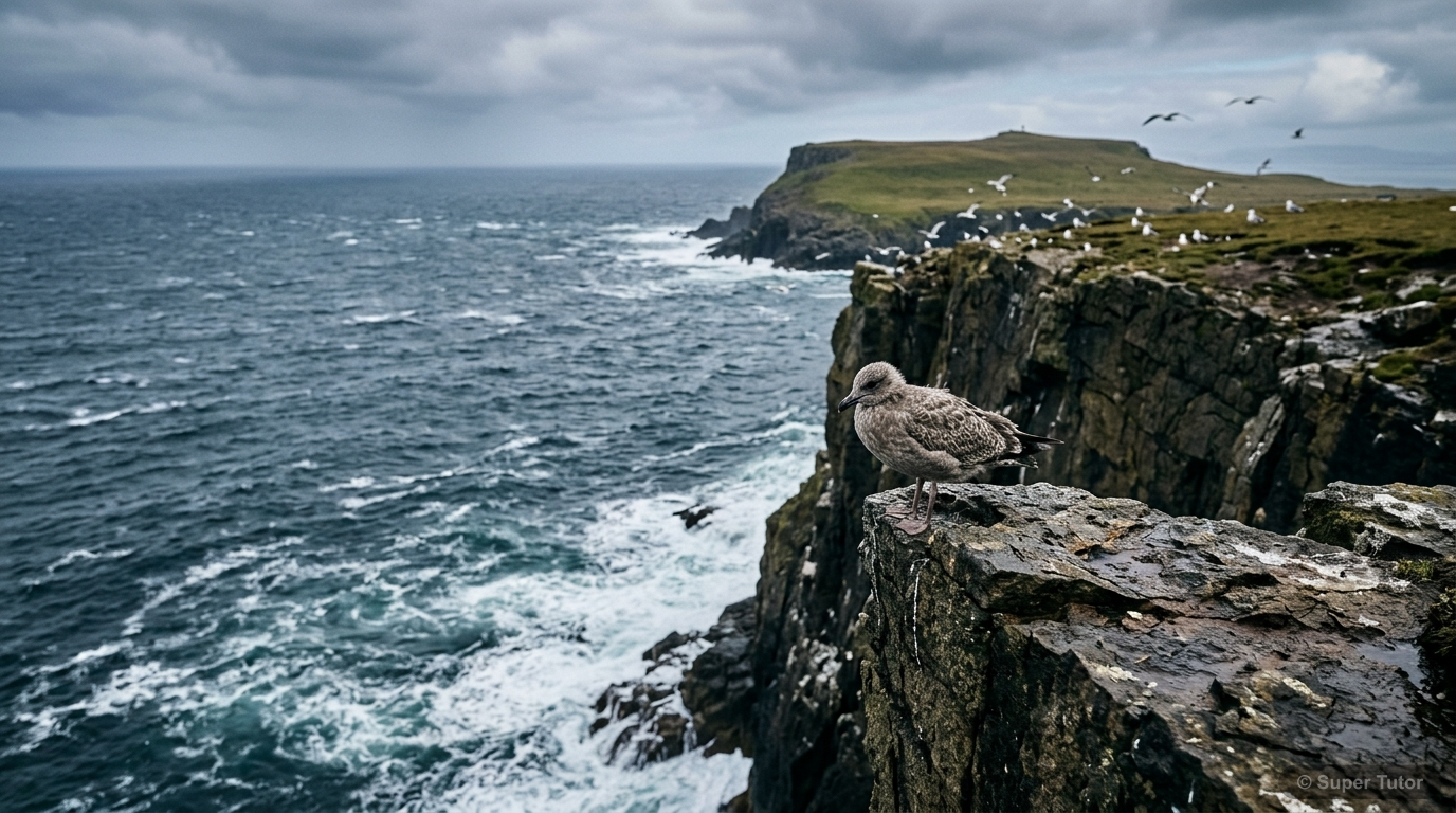 A young seagull alone on a narrow cliff ledge, looking out at the vast sea below, showing his fear of flying. His family is visible in the distance.