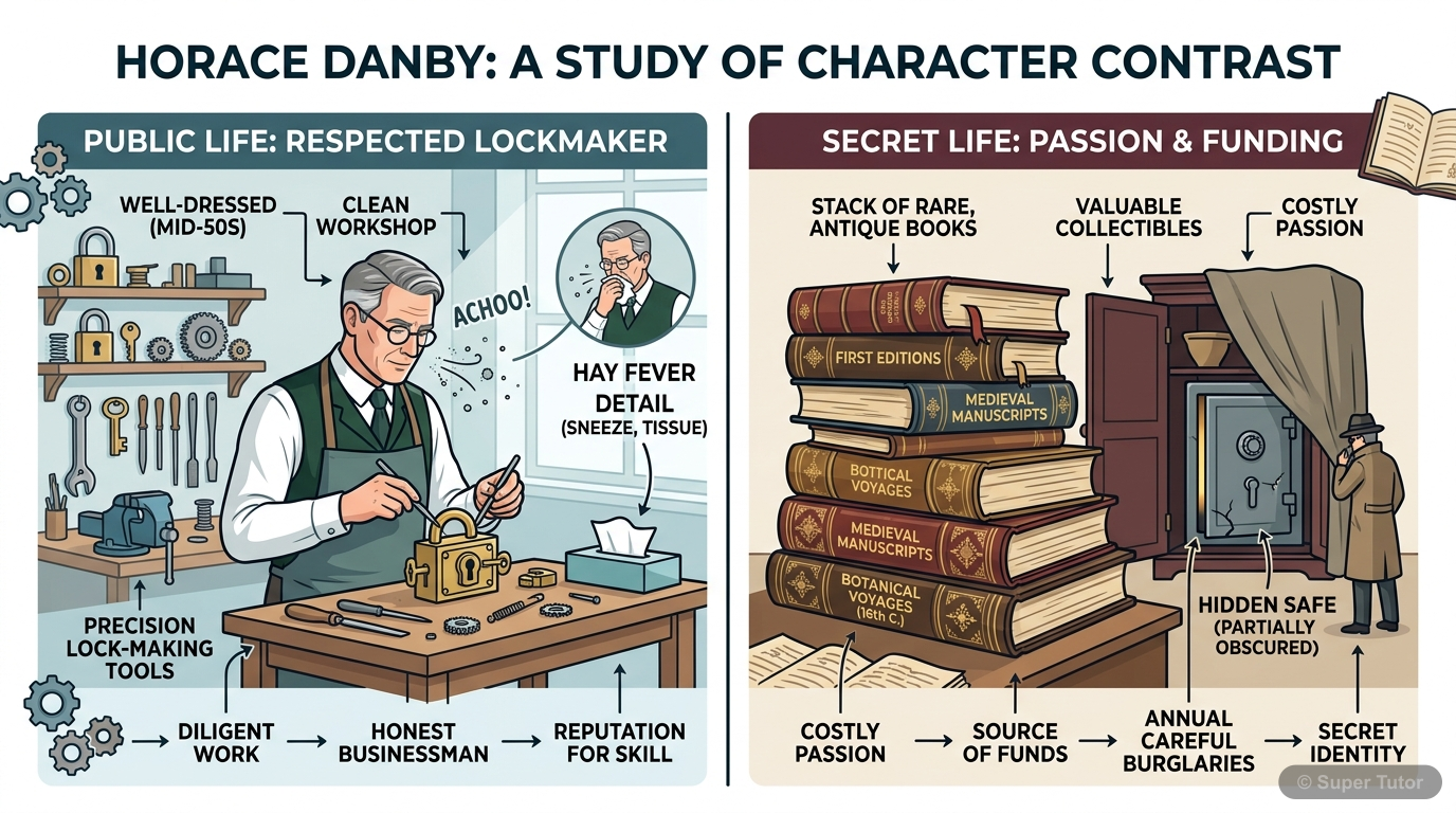 An illustration depicting Horace Danby, a seemingly respectable lock maker, alongside elements representing his secret life: rare books and a safe. The image should convey his dual nature.