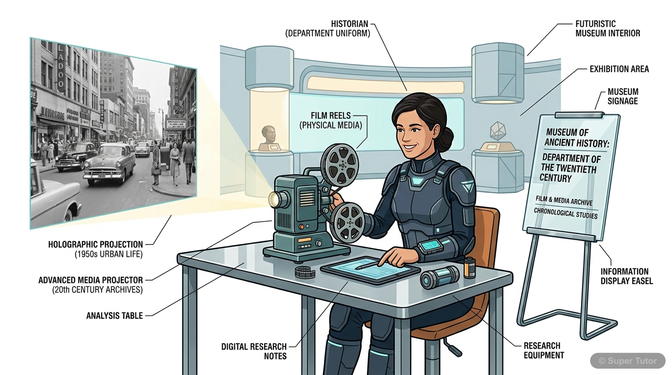 An image showing the Historian in the Museum of Ancient History, introducing the 'Era of the Book' and the Martian invasion of 2040, with a movie projector and a sign.