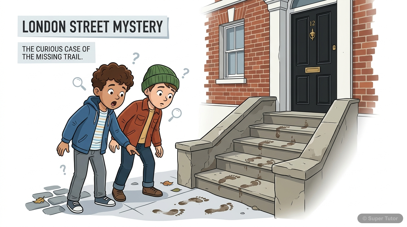 Illustration showing two boys in London staring in surprise at fresh muddy footprints appearing on steps, with the invisible scientist Griffin having just stepped in mud, making his presence known.