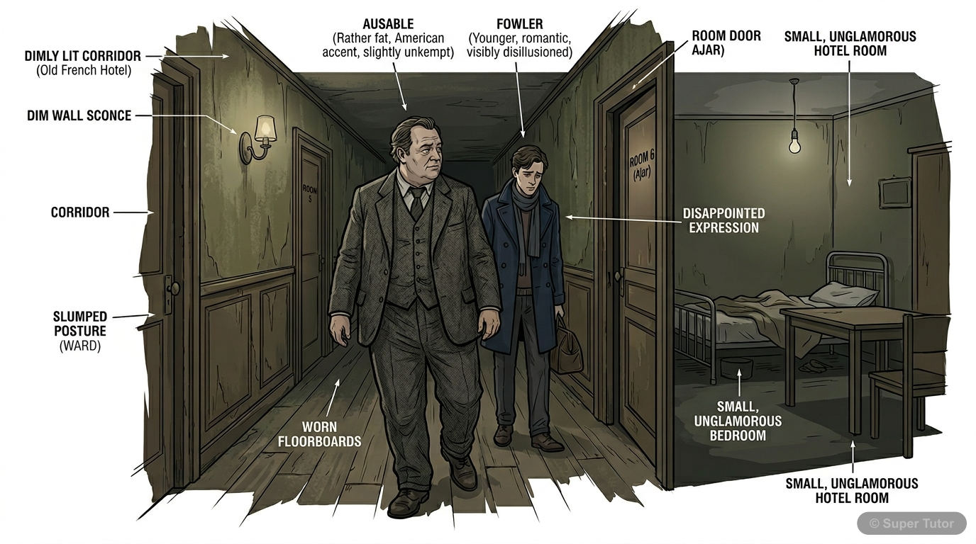 An illustration depicting Ausable, a fat secret agent with an American accent, in his musty French hotel room, with Fowler looking disappointed. Highlights the contrast between Fowler's expectations a