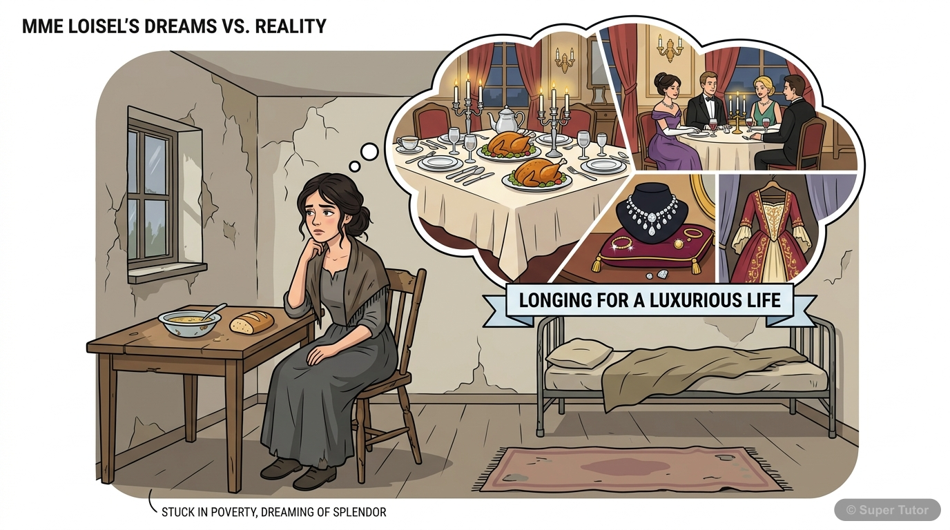 An illustration depicting Mme Loisel's initial character: pretty but perpetually unhappy due to her perceived lack of luxury and social status, contrasting her humble reality with her extravagant desi