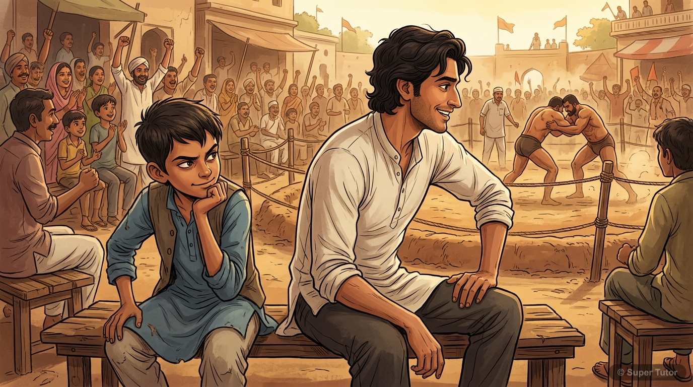 An illustration showing Hari Singh, a 15-year-old experienced thief, observing Anil, a 25-year-old lean, easy-going man watching a wrestling match. Hari Singh is planning to gain Anil's confidence.