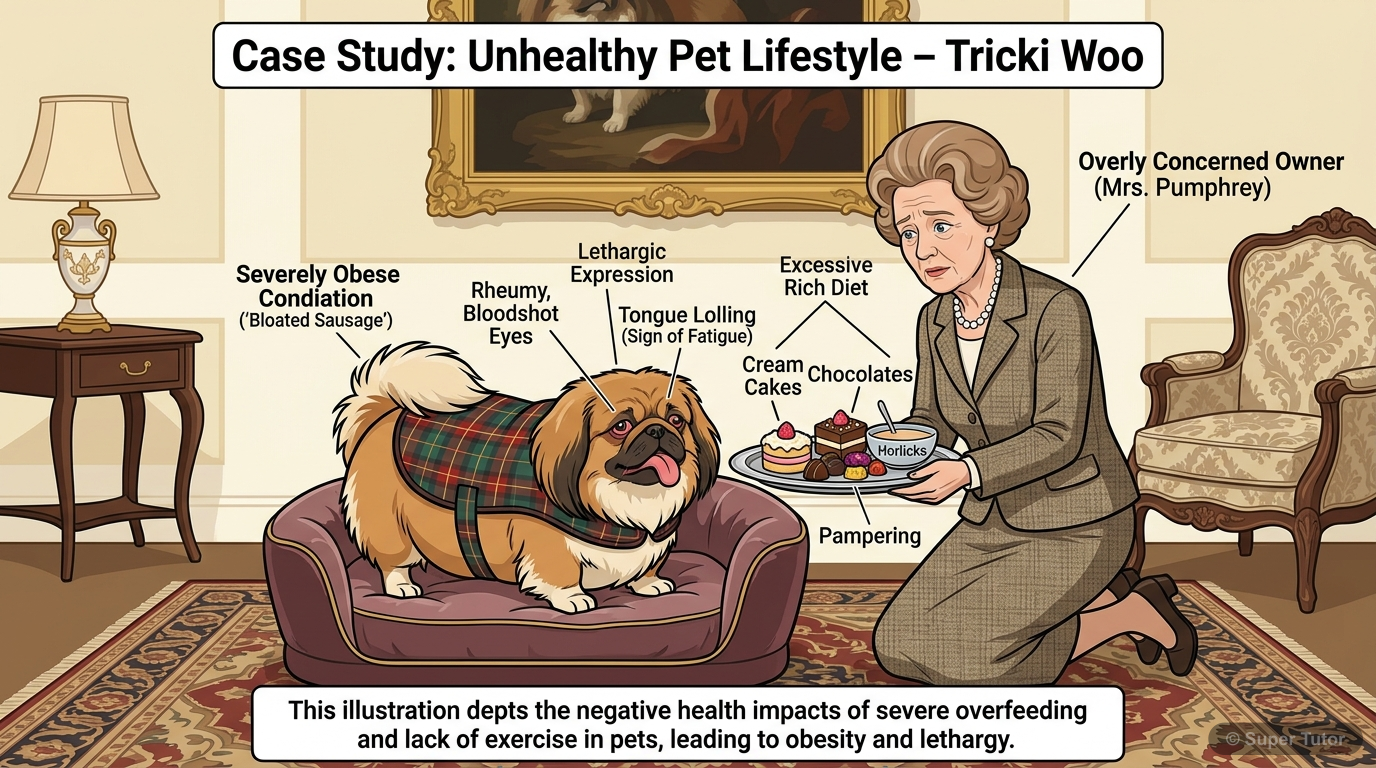 An illustration depicting Tricki as 'hugely fat, like a bloated sausage with a leg at each corner,' with bloodshot, rheumy eyes and a lolling tongue, alongside Mrs. Pumphrey pampering him.