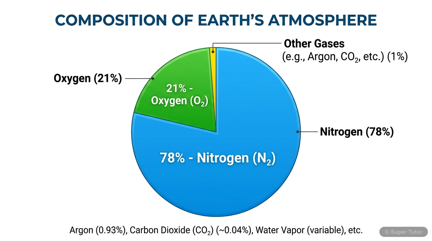 Composition of Earth's Atmosphere A pie chart showing the percentage composition of major gases in the Earth's atmosphere, primarily Nitrogen, Oxygen, and a small percentage of other gases like Argon and Carbon Dioxide.