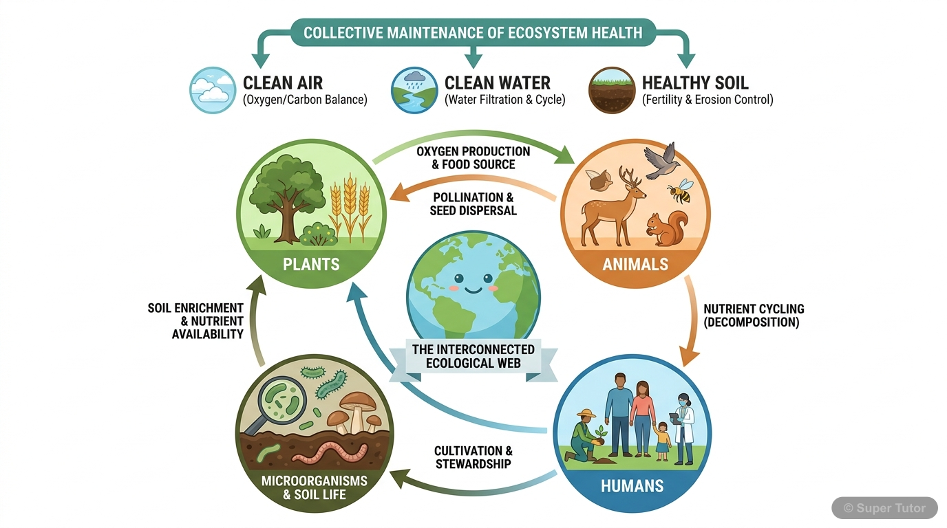 A diagram illustrating the concept of biodiversity and how humans and other living organisms form a complex, interdependent ecological web, highlighting the role of plants, animals, and microorganisms