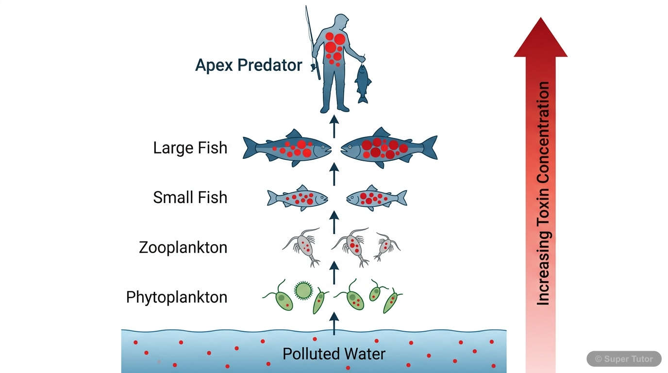 A diagram illustrating the process of biomagnification, showing how toxic substances (e.g., mercury) increase in concentration at successive trophic levels of a food chain, from producers to apex pred