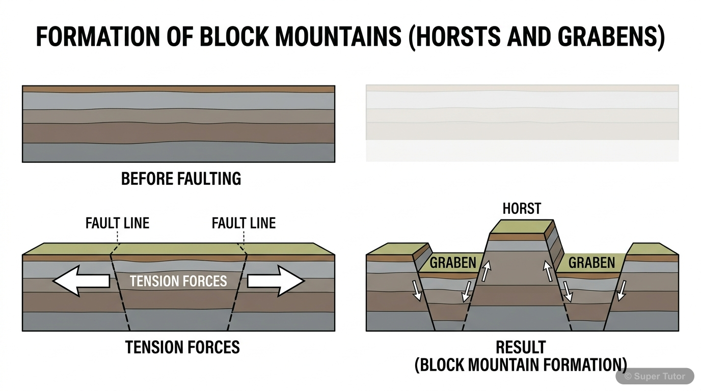 Formation of Block Mountains (Horst and Graben) A cross-section diagram illustrating the formation of block mountains through faulting, showing uplifted blocks (horsts) and subsided blocks (grabens).
