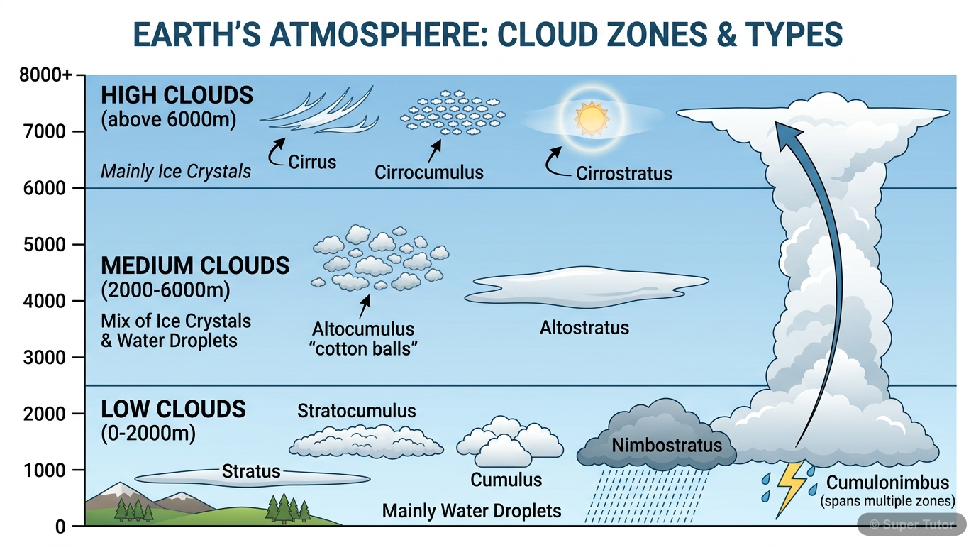 Cloud Classification by Height and Shape A diagram showing the different types of clouds classified by their height (low, medium, high) and shape, with examples for each category.