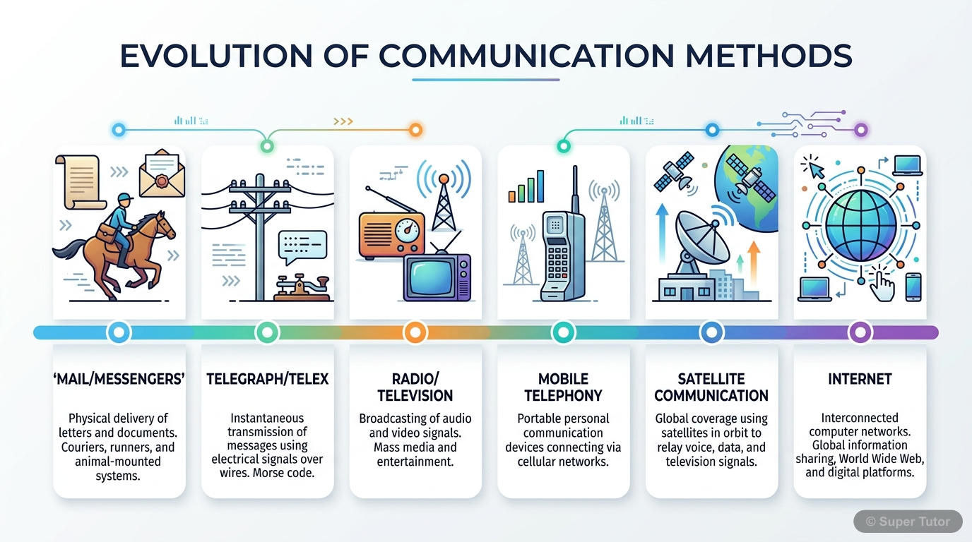 A timeline showing the progression of communication methods from traditional transport-dependent systems to modern telecommunications and digital media.