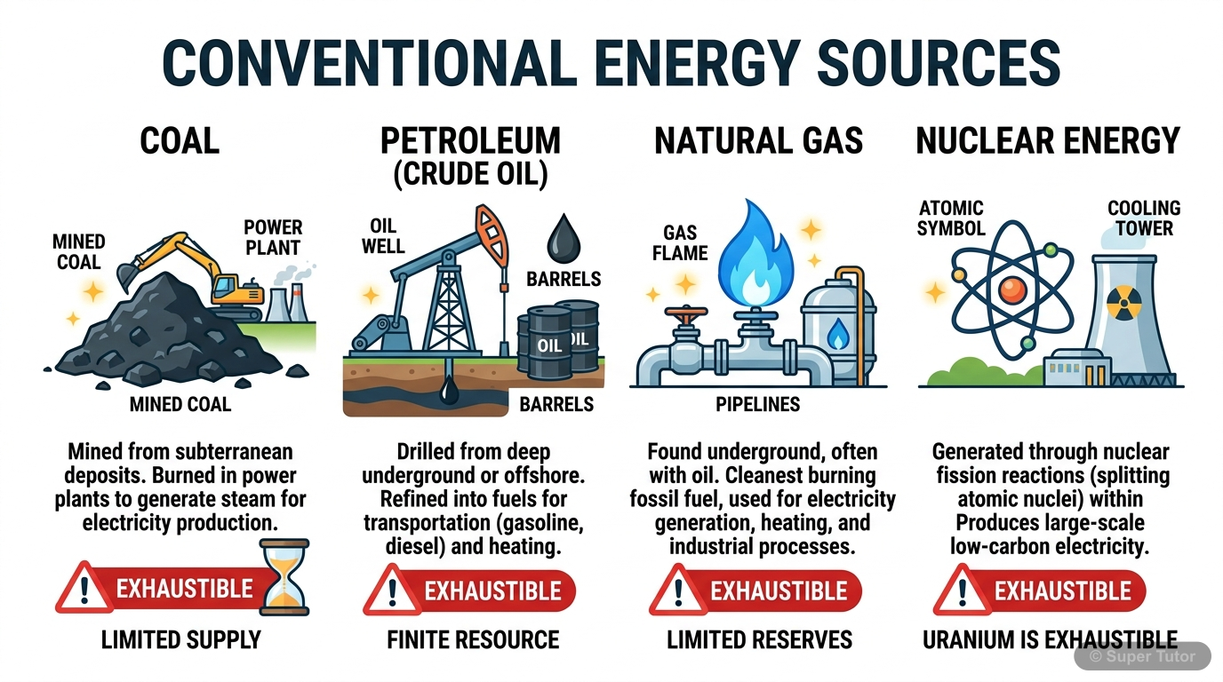 Conventional Energy Sources An infographic listing and briefly describing conventional energy sources like coal, petroleum, natural gas, and nuclear energy, emphasizing their exhaustible nature.