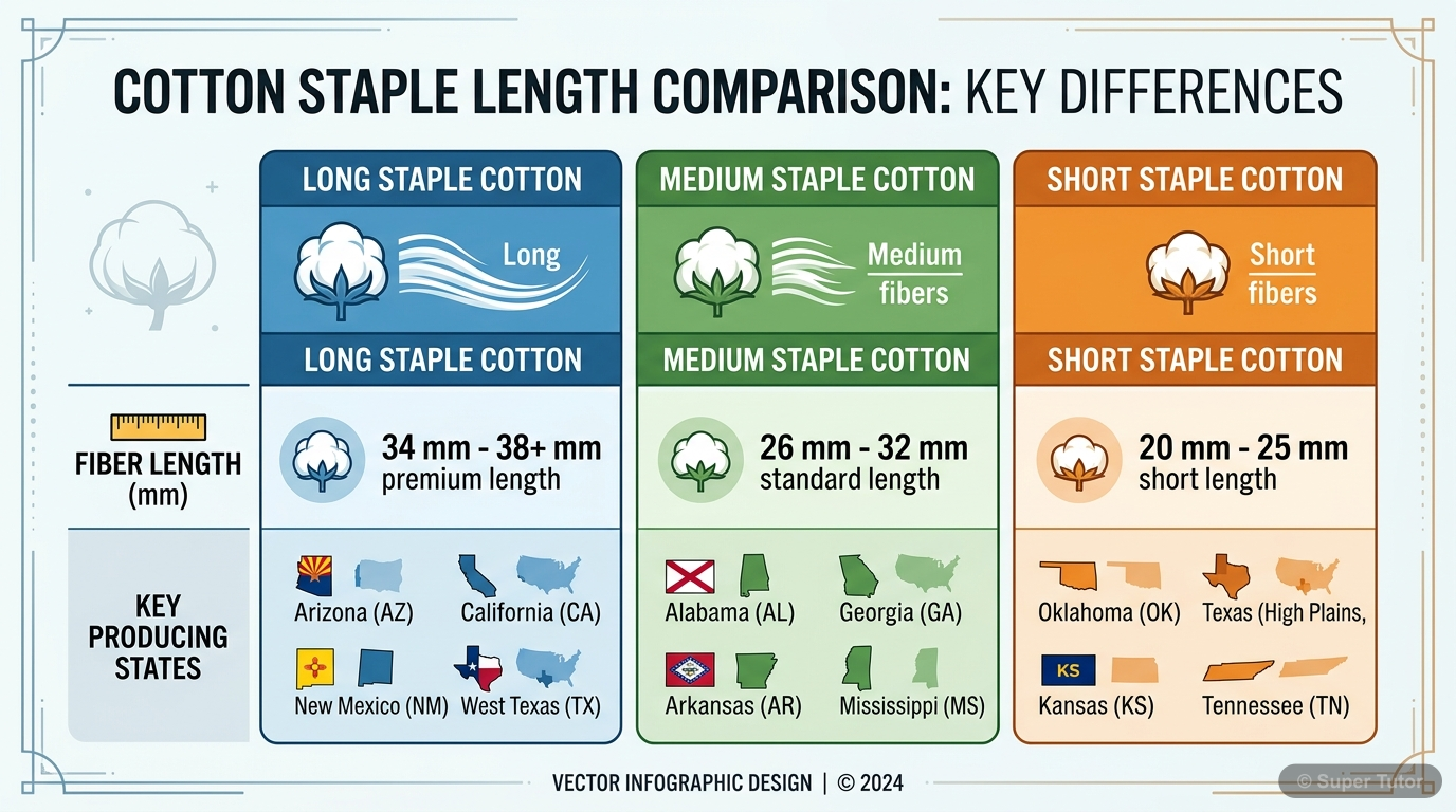 Cotton Varieties in India A comparison chart illustrating the three main varieties of cotton grown in India: Long Staple, Medium Staple, and Short Staple, detailing their fiber length and typical producing states.