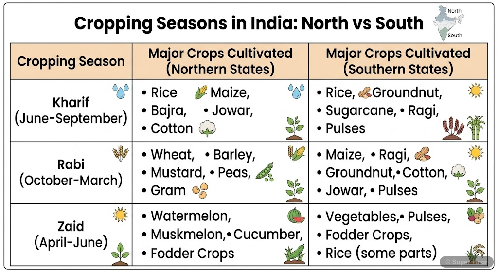 A comparison chart (table format) detailing the three distinct cropping seasons (Kharif, Rabi, Zaid) in Northern and Southern India, listing major crops cultivated in each season and region.