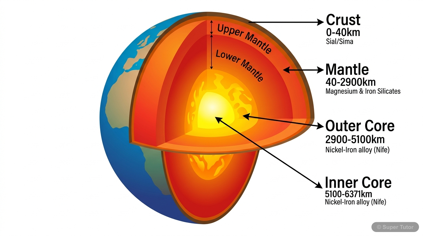 A cross-section diagram showing the Earth's main layers: Crust, Mantle (Upper and Lower), and Core (Outer and Inner), with their approximate depths and key compositions.