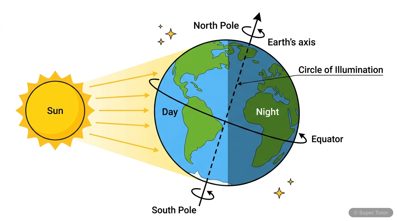 A diagram illustrating Earth's rotation on its axis, showing the illuminated half (day) facing the Sun and the shadowed half (night) away from the Sun, with the 'Circle of Illumination' clearly marked