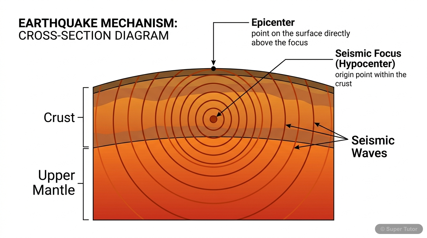A cross-section diagram showing the Earth's crust and mantle, clearly indicating the seismic focus (hypocenter) where an earthquake originates, and the epicenter on the Earth's surface directly above 