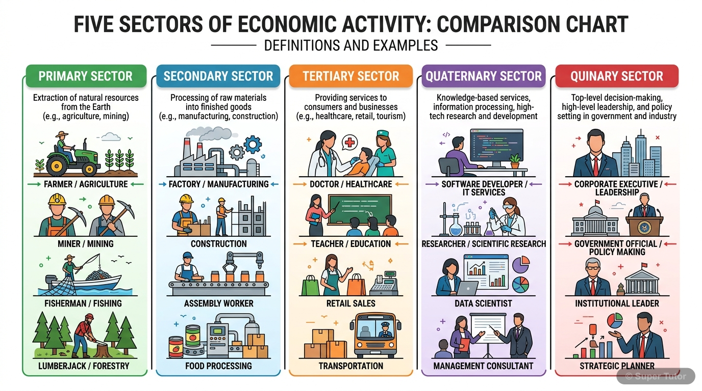A comparison chart illustrating the primary, secondary, tertiary, quaternary, and quinary economic activities, showing examples of each and their general contribution to economic development in differ