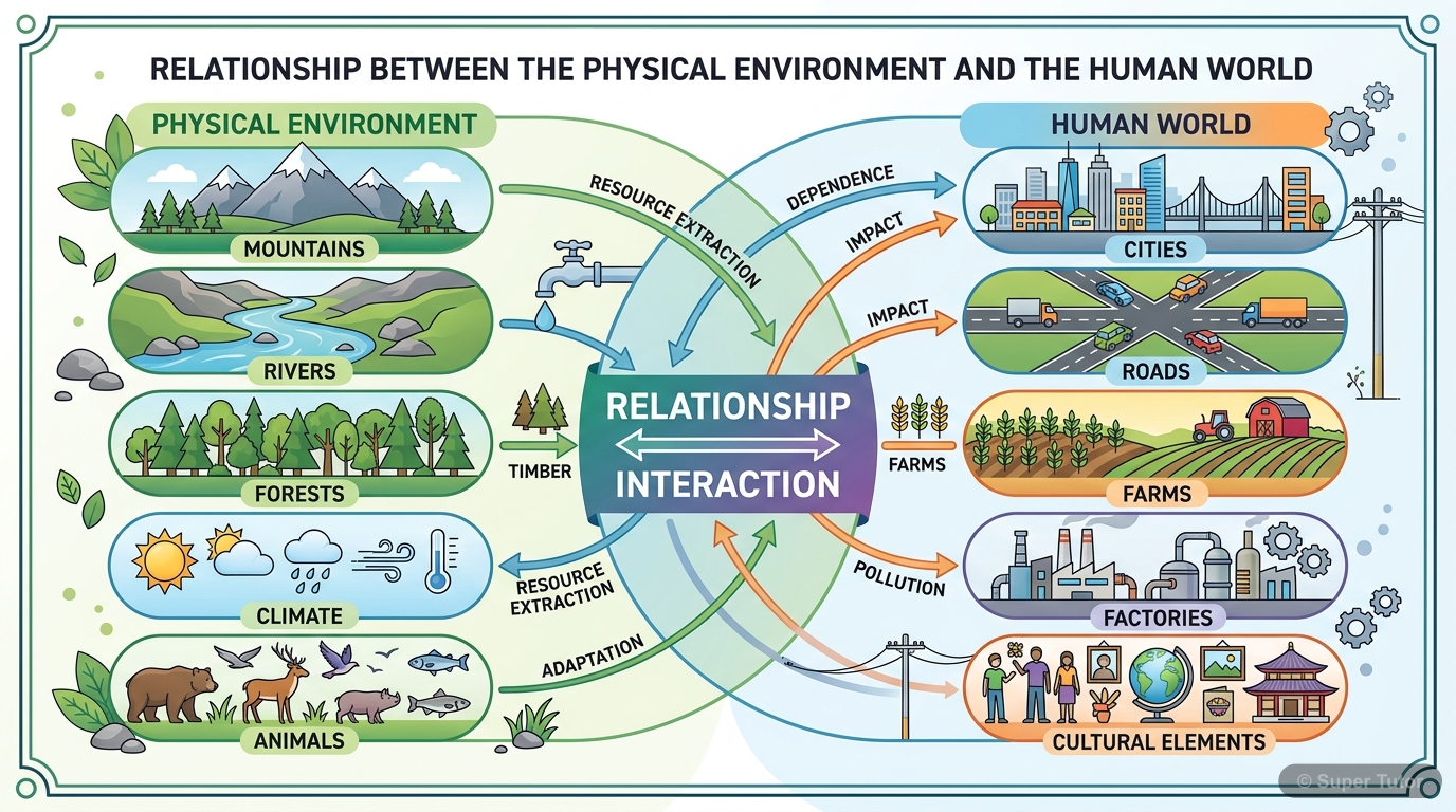 A comparison showing the two major components of Earth: nature (physical environment) and life forms (human beings and their creations), illustrating what each branch of geography studies.