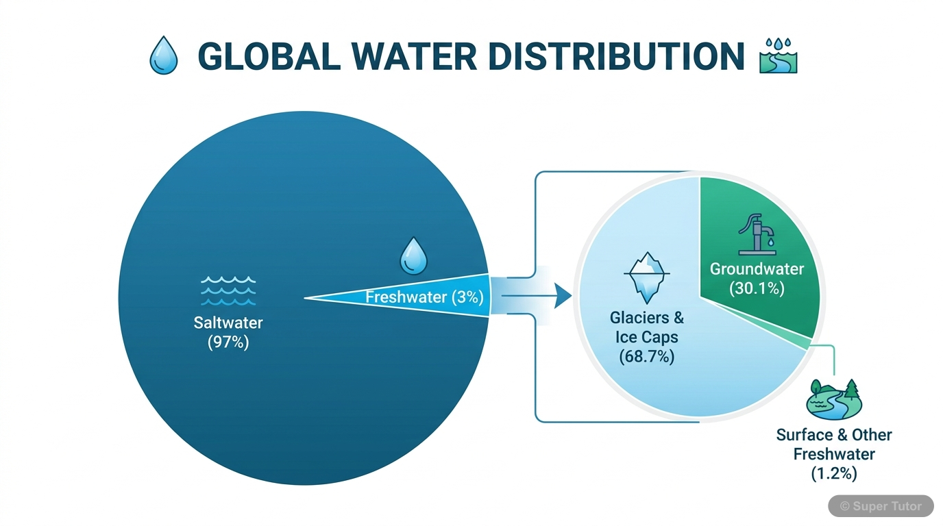 A pie chart illustrating the distribution of water on Earth, showing the percentage of total water that is saltwater, freshwater, and then further breaking down freshwater into glaciers/ice caps, grou