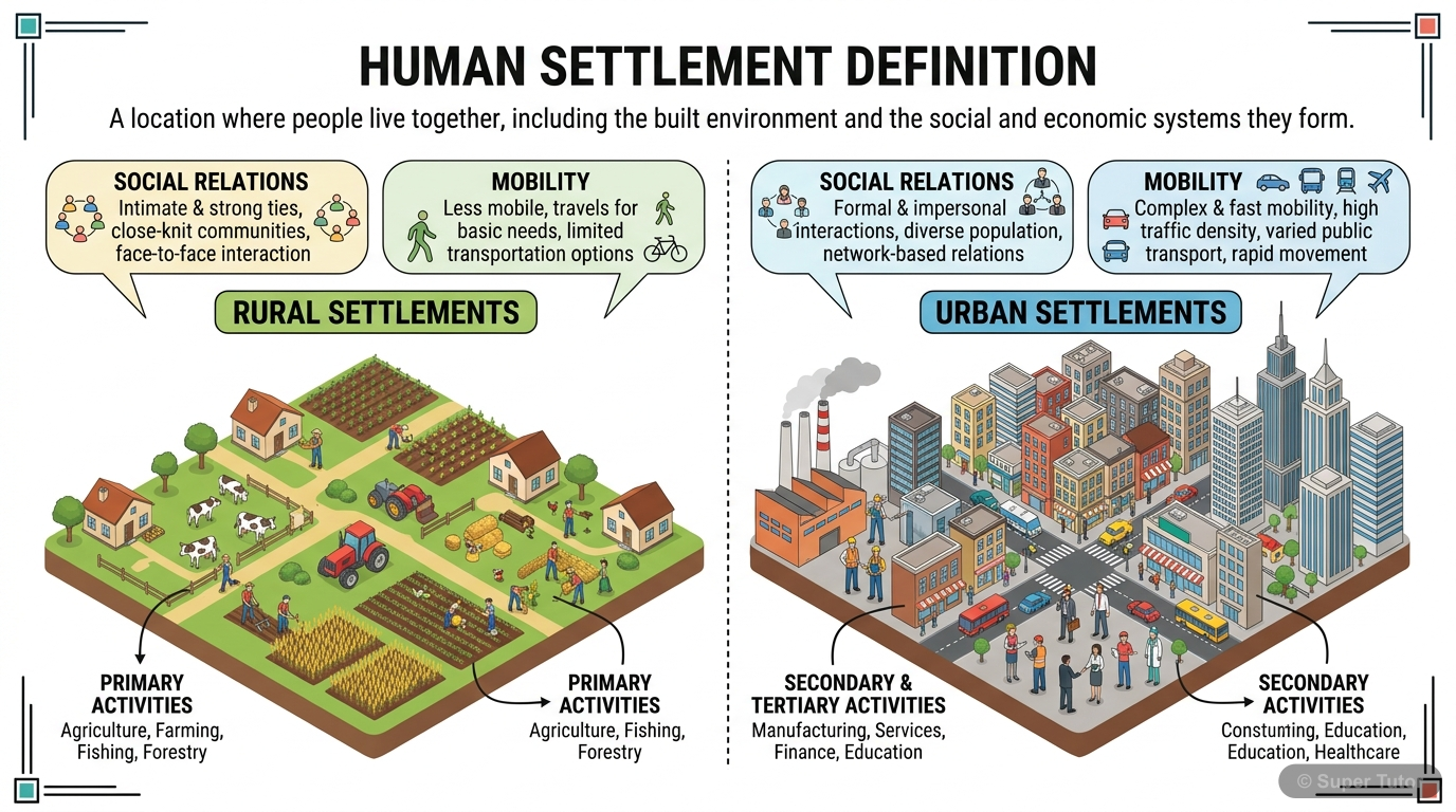 An infographic defining human settlements and illustrating the basic distinction between rural and urban settlements based on size, economic activity, and social structure.
