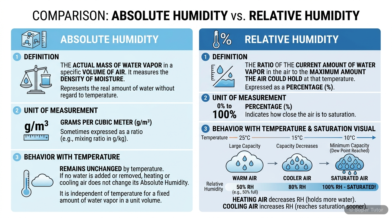 A comparison chart explaining the definitions, units, and behavior with temperature changes for absolute and relative humidity.