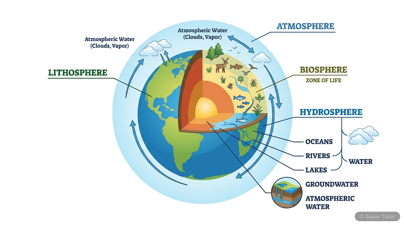 A diagram illustrating the various components that make up the Earth's hydrosphere, including oceans, rivers, lakes, groundwater, and atmospheric water.