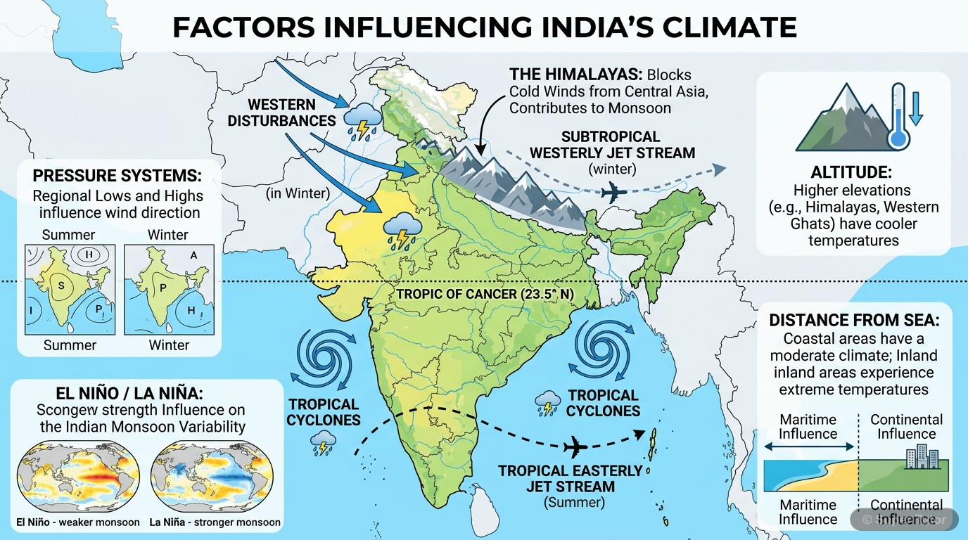 Factors Influencing India's Climate An infographic illustrating the key geographical and atmospheric factors that influence India's climate, including the Tropic of Cancer, the Himalayas, altitude, distance from the sea, western disturb