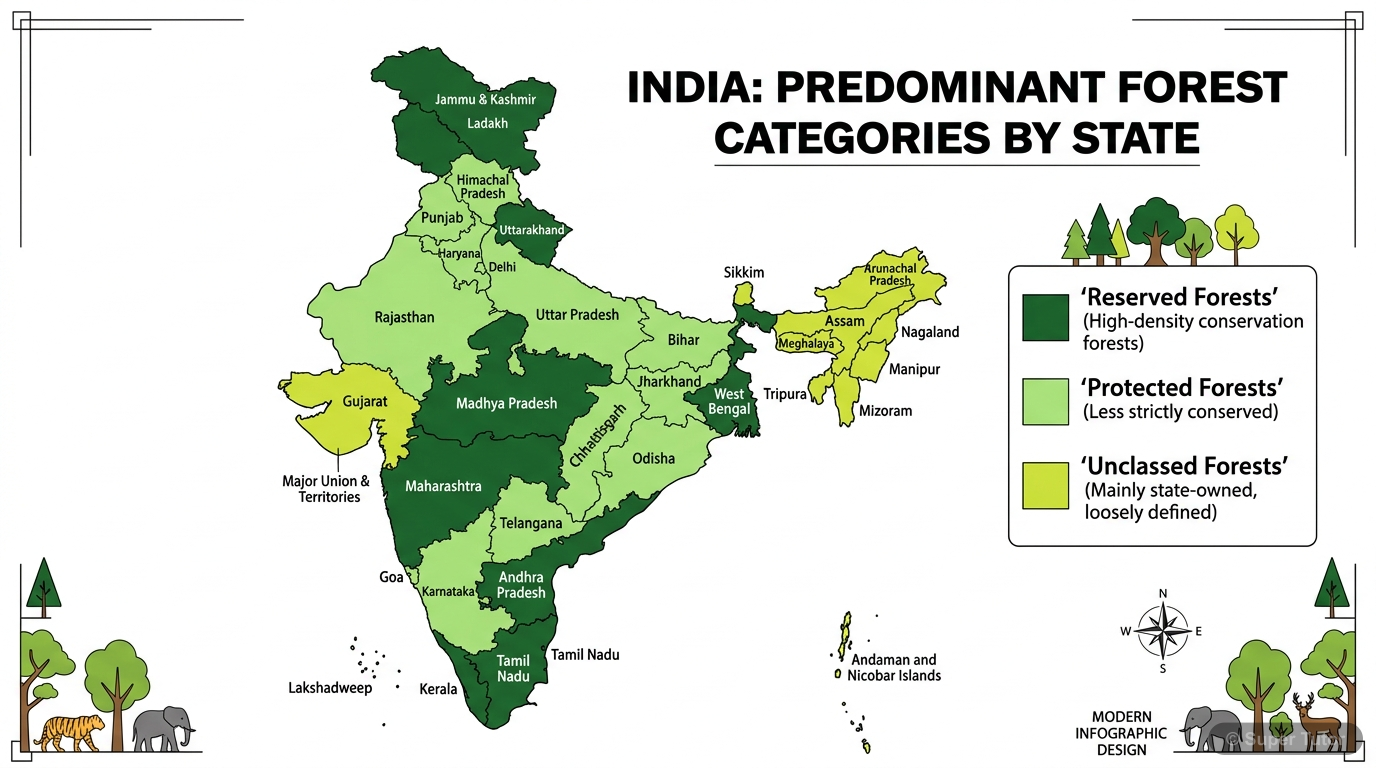 Distribution of Forest Categories in India A map of India showing the geographical distribution of Reserved, Protected, and Unclassed Forests, highlighting states with large percentages of each category.