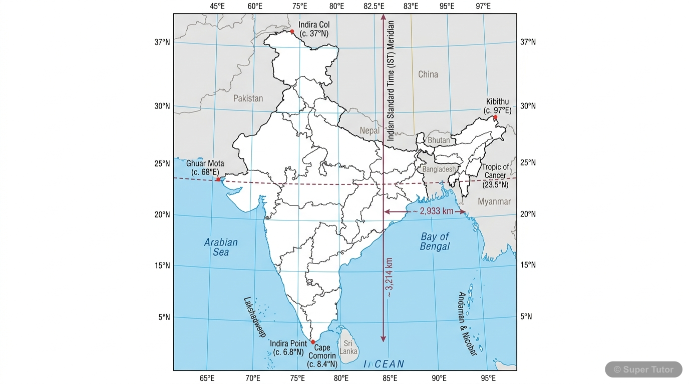 A map of India showing its latitudinal and longitudinal extent, the Tropic of Cancer, and the Indian Standard Time (IST) meridian. Key coordinates and the north-south/east-west extents should be label