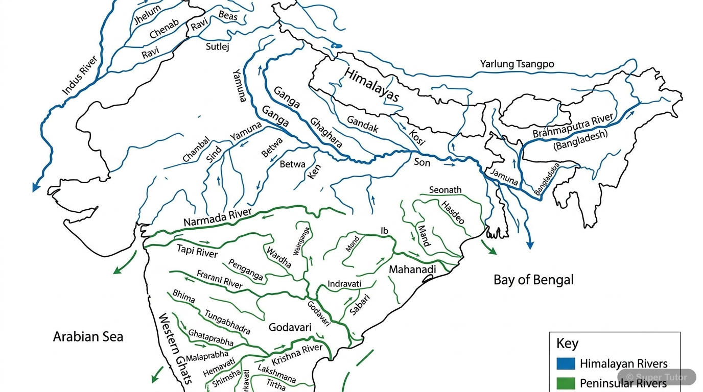 A map illustrating the major river systems of India, distinguishing between Himalayan (Indus, Ganga, Brahmaputra) and Peninsular rivers (Mahanadi, Narmada, Tapi, Godavari, Krishna, Kaveri) and their m