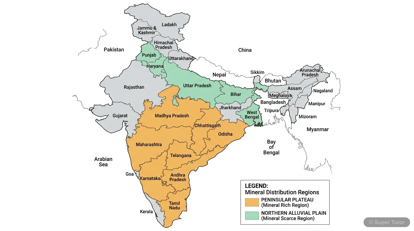 A map of India highlighting the major geological regions and indicating the general distribution of mineral resources across the peninsular plateau and other areas, showing the absence of minerals in 
