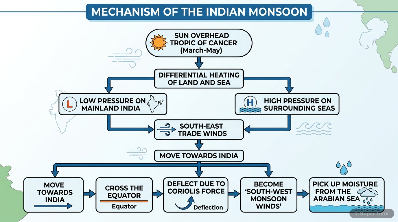 A flowchart explaining the origin and mechanism of the Indian monsoon, detailing the differential heating of land and sea, formation of low/high pressure areas, attraction of trade winds, deflection b