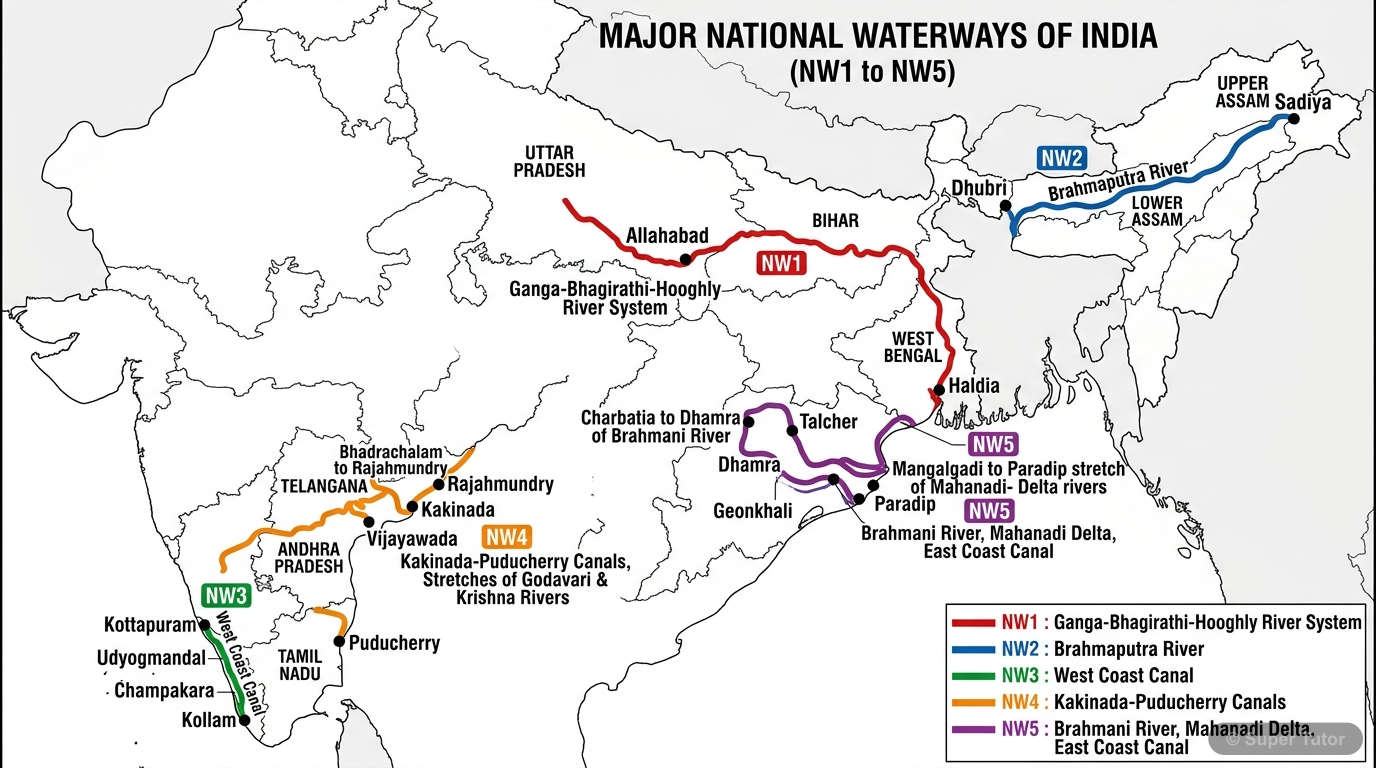 A map of India highlighting the major National Waterways (NW1, NW2, NW3, NW4, NW5) with their respective stretches and key locations.