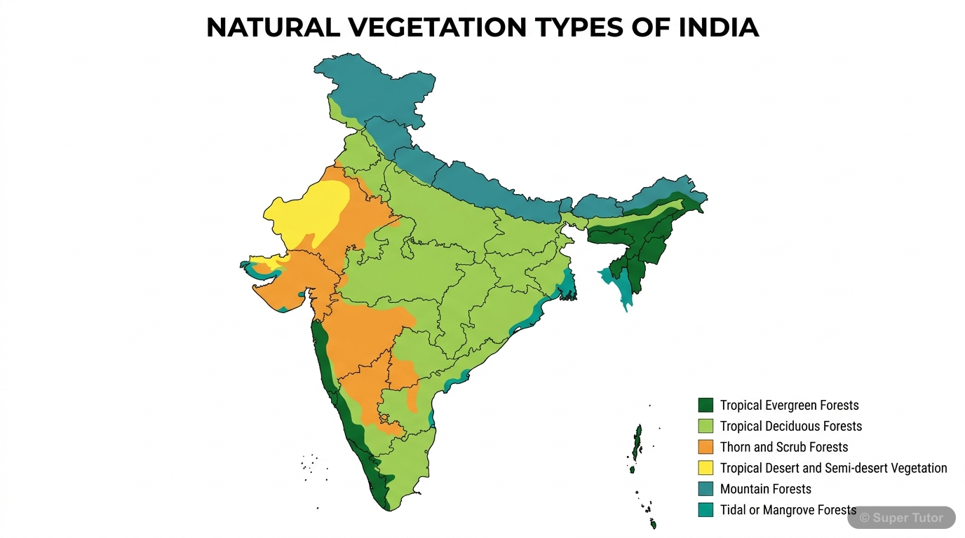 A map of India showing the distribution of its major natural vegetation types: Tropical Evergreen, Tropical Deciduous, Tropical Desert, Thorn and Scrub, Mountain, and Tidal/Mangrove forests. Each type
