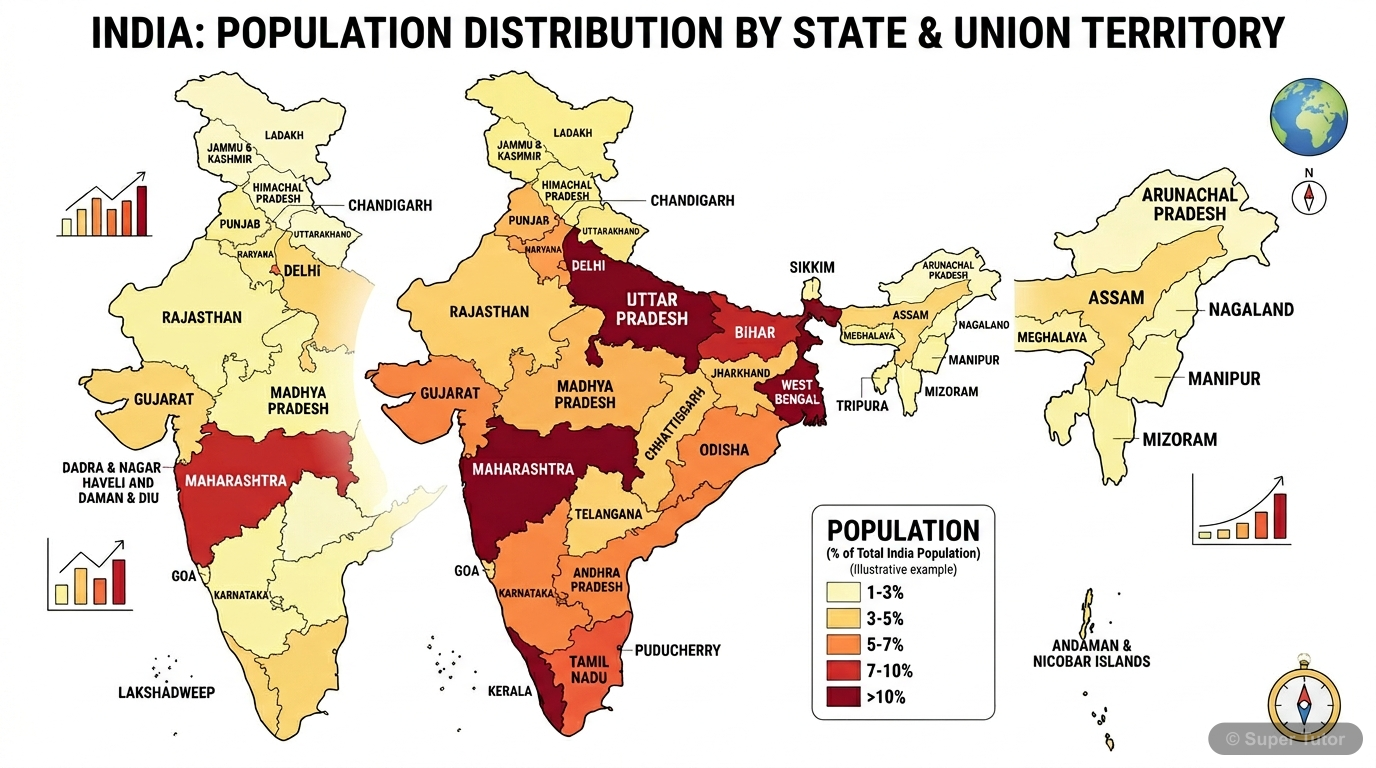 A choropleth map of India showing the spatial distribution of population by states and union territories, highlighting areas of high and low population concentration. Colors should represent populatio