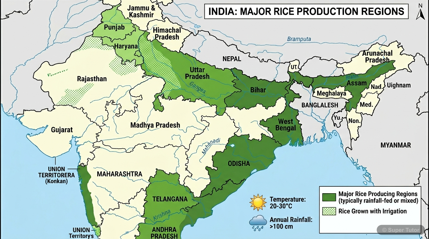 A map of India showing the major and minor rice-producing regions, highlighting areas with high temperature, high humidity, and rainfall above 100 cm, as well as irrigated areas.