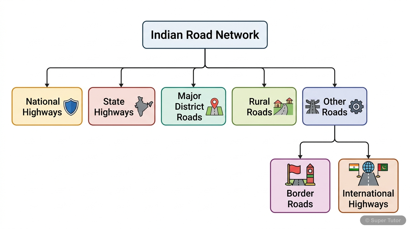 Classification of Indian Road Network A hierarchical diagram showing the classification of roads in India: National Highways, State Highways, Major District Roads, Rural Roads, and Other Roads (Border Roads, International Highways).