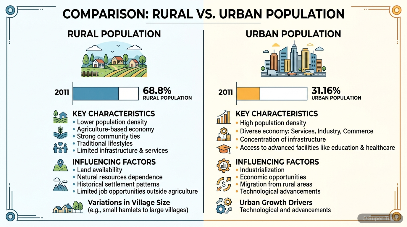 Rural vs. Urban Population in India (2011) A comparison chart or infographic illustrating the proportion of rural and urban population in India, along with key characteristics and factors influencing their distribution and growth.